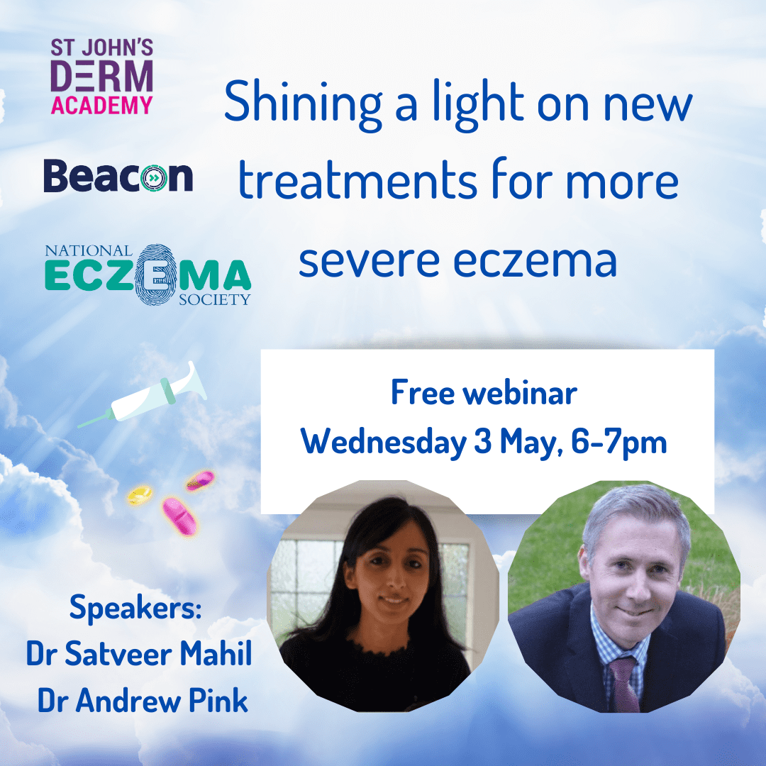 A image saying: Free webinar - shining a light on new treatments for more severe eczema.
