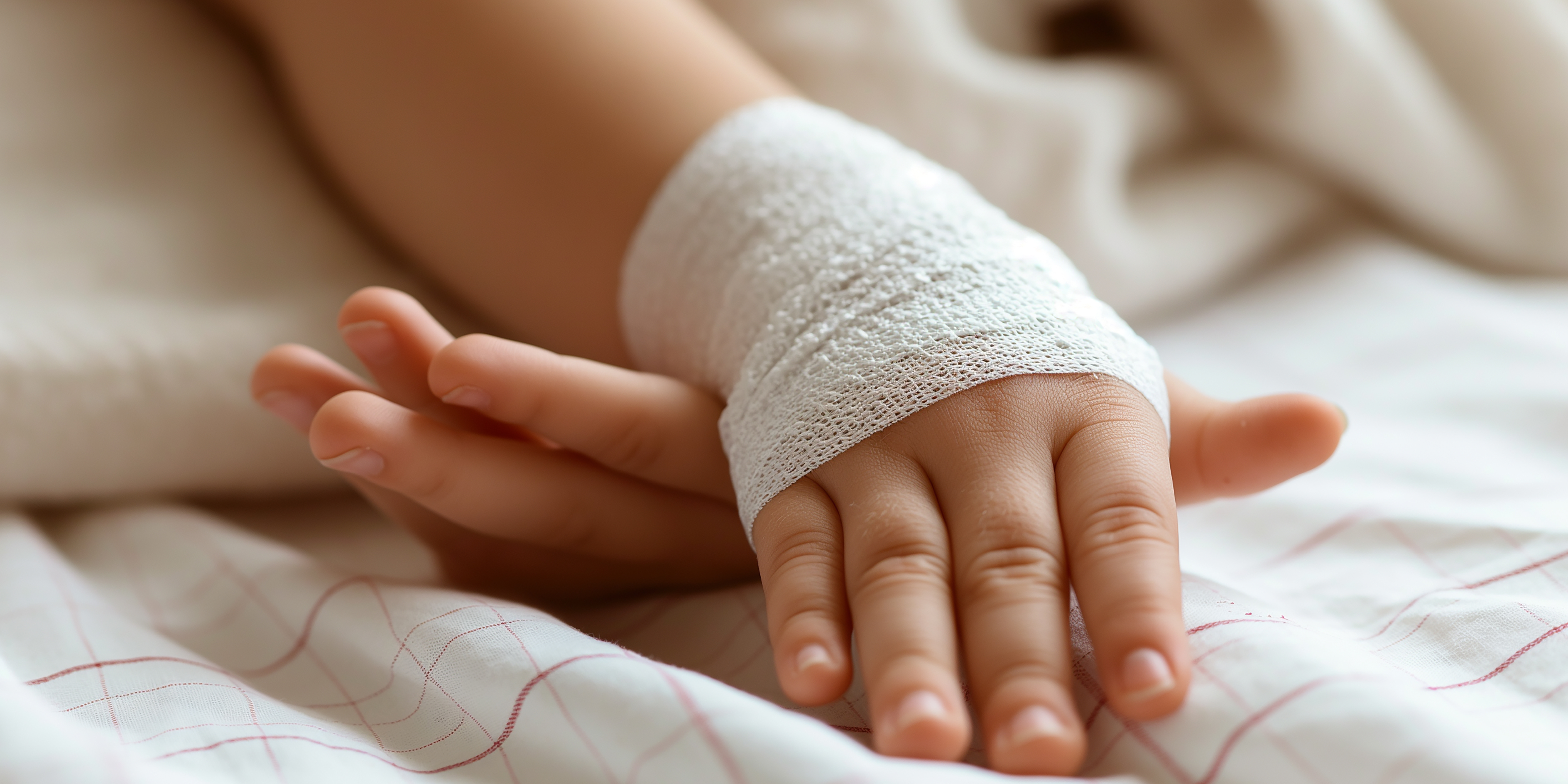 A picture of a child's hand that is wrapped in a bandage.